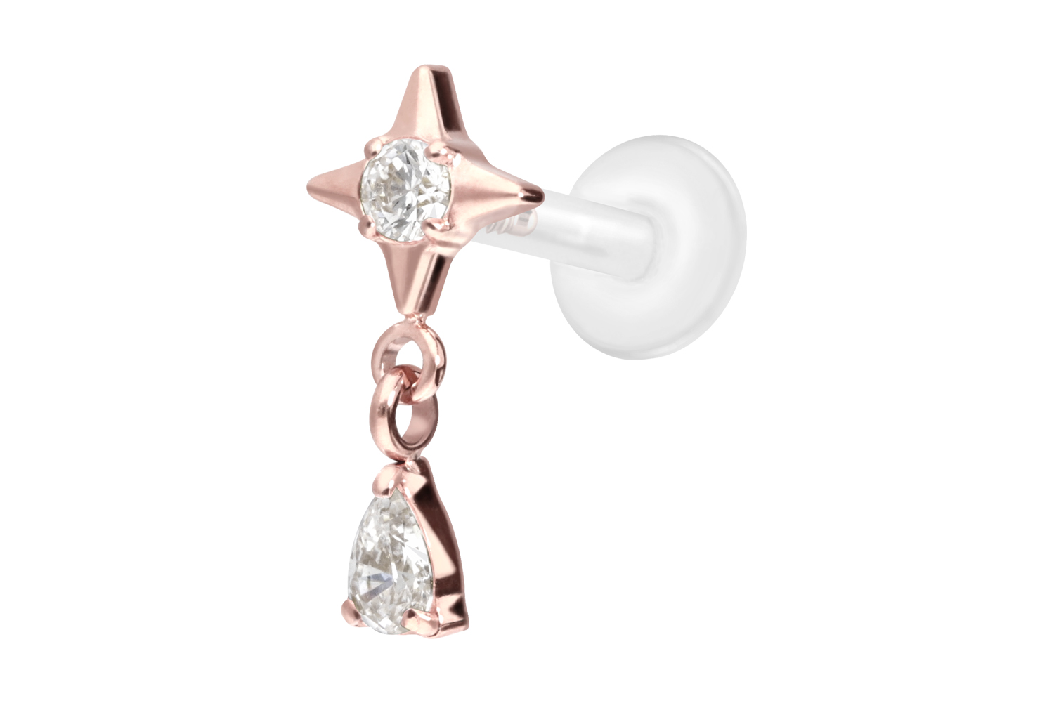 PTFE Labret Piercing mit Innengewinde + Titan-Aufsatz STERN + KRISTALLTROPFEN
